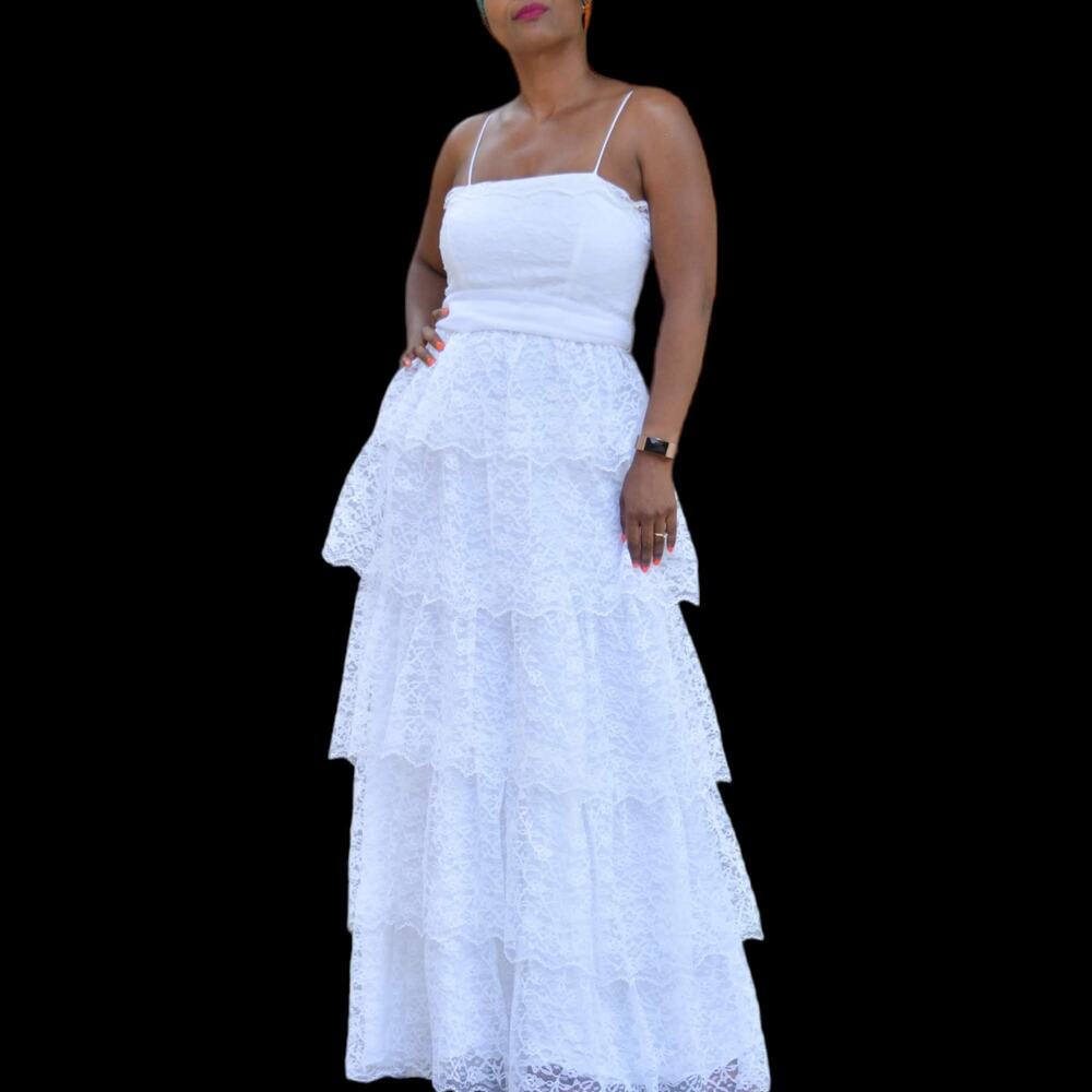White Lace Maxi Dress Vintage Tiered Column Ruffle Gloves Boho Retro Size Small